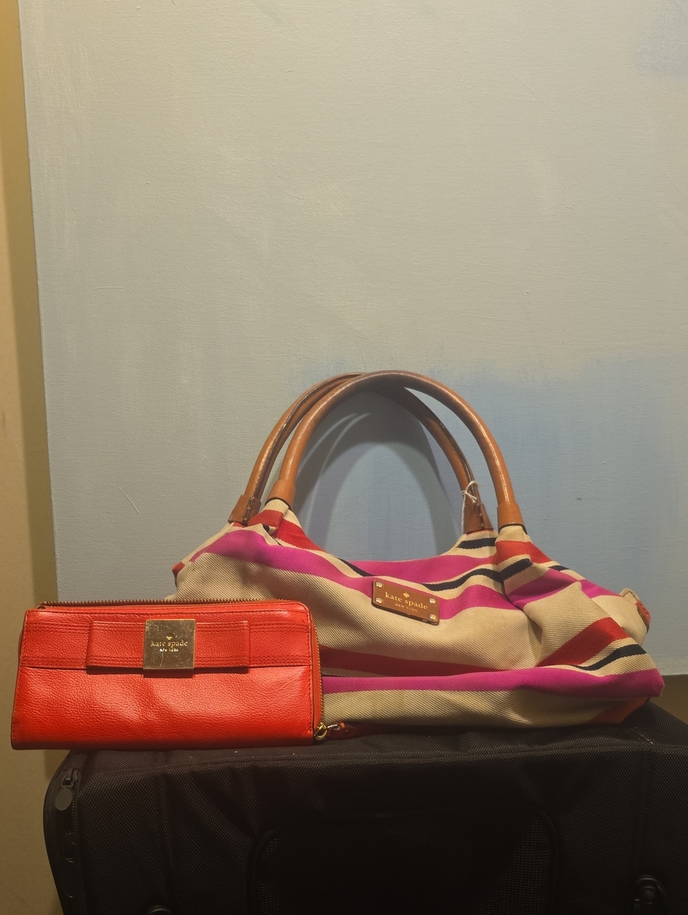 kate spade Striped Canvas Tote with Pink, Red, Tan and Cream And Wallet